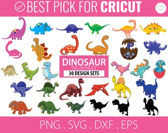 May include: A set of 30 colorful dinosaur SVG designs, perfect for Cricut projects. The designs include a variety of dinosaurs in different poses and colors, including green, blue, red, yellow, orange, and purple. The text "Dinosaur SVG Bundle 30 Design Sets" is included in the image.