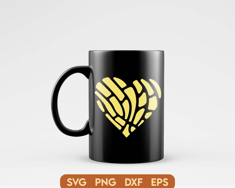 May include: A black coffee mug with a yellow heart-shaped design. The heart is made up of a pattern of lines and curves.