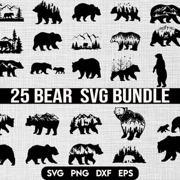 Bear SVG Bundle, Mountains Pine Trees Grizzly Bear SVG, Mama bear Silhouette, Snowy Winter Scene svg, Forest, Mama Bear svg, Wilderness svg