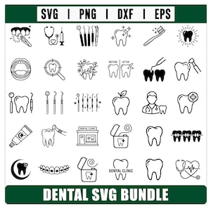 May include: A digital collection of black and white dental icons featuring teeth, toothbrushes, dental tools, braces, and clinic imagery. The top banner reads SVG | PNG | DXF | EPS and the bottom banner reads DENTAL SVG BUNDLE in bold text.