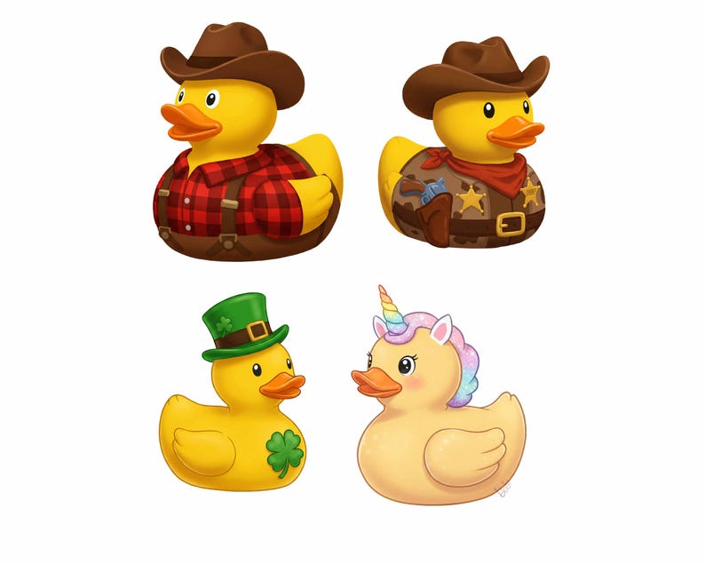 Puede incluir: Cuatro patos de goma. Un pato amarillo con un sombrero de vaquero marr&oacute;n y una camisa de cuadros rojos y negros. Un pato amarillo con un sombrero de vaquero marr&oacute;n y un chaleco marr&oacute;n con una bandana roja. Un pato amarillo con un sombrero de tr&eacute;bol verde. Un pato amarillo con un cuerno y una melena de unicornio arco&iacute;ris.
