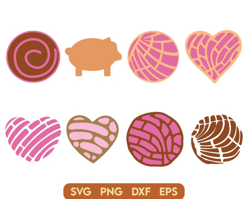May include: A set of eight digital cut files featuring various designs of Mexican sweet bread, known as pan dulce, including a heart shape, a swirl, and a pig. The designs are in pink, brown, and white.