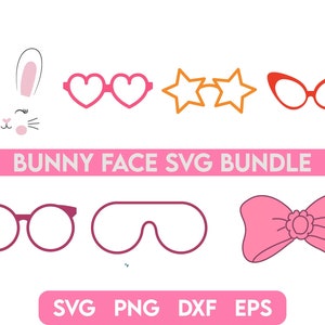 May include: A set of six SVG cut files featuring a bunny face, heart-shaped sunglasses, star-shaped sunglasses, cat-eye sunglasses, a sleep mask, and a pink bow. The text "BUNNY FACE SVG BUNDLE" is displayed in pink letters.