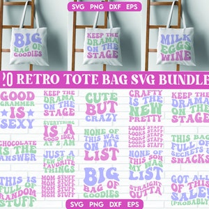 May include: A set of 20 retro tote bag SVG designs featuring various phrases and designs in pink, green, and blue. The designs include "Good Grammar is Sexy", "Keep the Drama on the Stage", "Cute but Crazy", "Crafty is the New Pretty", "This Bag is Full of Secrets & Snacks", and more.