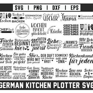 Könnte beinhalten: Schwarz-weiße Grafik mit verschiedenen deutschen Küchenphrasen und Wörtern, darunter "Kochen" und "Mama". Das Bild enthält auch den Text "GERMAN KITCHEN PLOTTER SVG" am unteren Rand.