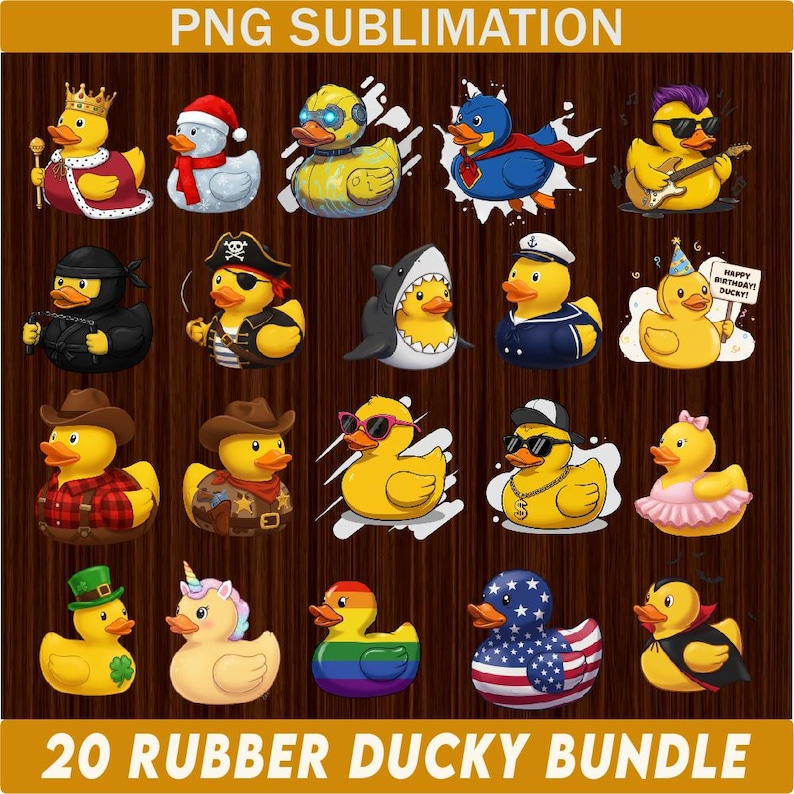 Puede incluir: Un conjunto de 20 dise&ntilde;os de patos de goma en varios colores y temas, incluyendo un pirata, un superh&eacute;roe, un tibur&oacute;n, un vaquero, una sirena y un vampiro. Los patos est&aacute;n todos en un estilo de dibujos animados y tienen una variedad de expresiones. El texto "20 Rubber Ducky Bundle" est&aacute; en la parte inferior de la imagen.
