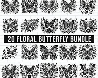Floral Butterfly SVG Bundle, Flower Line Art Butterfly Svg, Butterfly Clipart, Flower Butterfly Svg, Flowers Svg, Spring, Butterfly Flowers