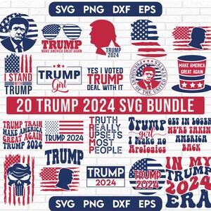 Könnte beinhalten: Ein Set mit 20 digitalen SVG-Dateien mit verschiedenen Designs zum Thema der Präsidentschaftswahl 2024. Die Designs beinhalten Text, Bilder und Slogans, die sich auf den Kandidaten beziehen, wie z. B. "Trump Train", "Trump Girl", "Truth Really Upsets Most People" und "In My Trump 2024 Era".