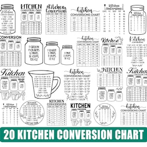 Può includere: Una raccolta di 20 tabelle di conversione da cucina in bianco e nero. I grafici includono misure per tazze, once, cucchiai, cucchiaini, pinte, quarti e galloni. Il testo "20 KITCHEN CONVERSION CHART" è in basso.