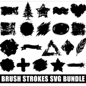 May include: A collection of black brush stroke designs in various shapes, including rectangles, circles, stars, and a heart. The image also features a pine tree, a ribbon, and a feather. The text "BRUSH STROKES SVG BUNDLE" is at the bottom.