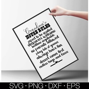 May include: Black and white printable sign with the text "Grandma's House Rules" and a list of rules including "expect to be spoiled", "sleepovers welcome", "bedtime negotiable", "no parents allowed", "play lots of games", "always have fun", "dessert comes first", "endless hugs and kisses".