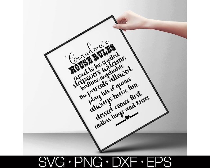 May include: Black and white printable sign with the text "Grandma's House Rules" and a list of rules including "expect to be spoiled", "sleepovers welcome", "bedtime negotiable", "no parents allowed", "play lots of games", "always have fun", "dessert comes first", "endless hugs and kisses".