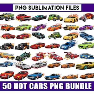Puede incluir: Una colección de 50 coches deportivos de dibujos animados en varios colores, incluyendo rojo, verde, amarillo y azul. Los coches están representados con llamas y detalles de carreras. La imagen incluye el texto "PNG Sublimation Files" y "50 Hot Cars PNG Bundle."