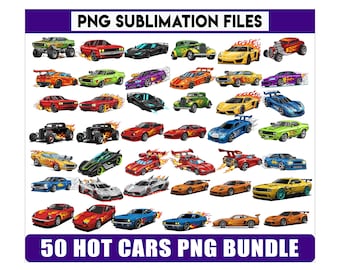 Può includere: Una collezione di 50 auto sportive in stile cartone animato in vari colori, tra cui rosso, verde, giallo e blu. Le auto sono raffigurate con fiamme e dettagli da corsa. L'immagine include il testo "PNG Sublimation Files" e "50 Hot Cars PNG Bundle."