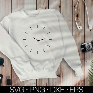 May include: White sweatshirt with a black clock design on the front. The clock has a simple design with black hands and numbers.