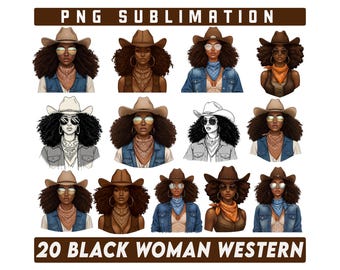 Pacchetto PNG donna nera occidentale, bellissime cowgirl nere, sublimazione ragazza di campagna nera, cowgirl occidentali PNG, persone di colore, donna afro png