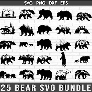 Pacchetto SVG orso, Montagne Pini Orso grizzly SVG, Silhouette mamma orsa, Scena invernale innevata svg, Foresta, Mamma orsa svg, Natura selvaggia svg