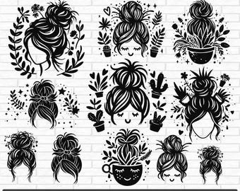 Messy Bun Plant Lady SVG Bundle, Messy Bun SVG Bundle, Bun Hair svg, Momlife svg, mom skull svg, USA Mom svg, Mom life svg