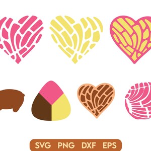 May include: A set of six digital cut files featuring a variety of heart shapes with a traditional Mexican sweet bread design. The designs are in pink, yellow, brown, and white. The files are in SVG, PNG, DXF, and EPS formats.