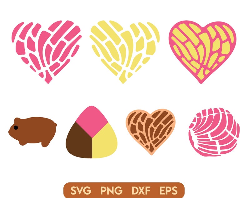 May include: A set of six digital cut files featuring a variety of heart shapes with a traditional Mexican sweet bread design. The designs are in pink, yellow, brown, and white. The files are in SVG, PNG, DXF, and EPS formats.