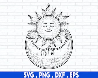 May include: A black and white line drawing of a smiling sun with rays and a crescent moon.