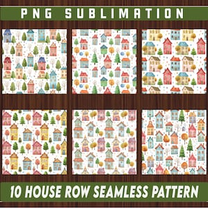 Cute Houses Seamless Pattern, Colorful House Row Seamless Pattern, Watercolor Multicolor Cute Houses And Trees Repeat Pattern