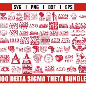 May include: A collection of 100 Delta Sigma Theta graphics in red and white, including logos, crests, and text elements. The designs feature the Greek letters ΔΣΘ, the year 1913, and various phrases. Formats include SVG, PNG, DXF, and EPS.