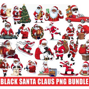 Può includere: Una collezione di illustrazioni di cartoni animati di Babbo Natale nero in varie pose. Babbo Natale è raffigurato mentre suona il sassofono, guida un'auto rossa e legge un libro. Il testo "BLACK SANTA CLAUS PNG BUNDLE" è in basso.