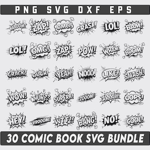Paquete de Svg de cómic, bocadillo de diálogo de superhéroe, Svg de auge, Svg de silueta de cómic, Burbujas de acción de estilo cómic, Svg de dibujos animados