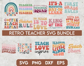 教師 SVG バンドル - レトロな教師 svg、教師の生活 svg、教師のレトロな svg、レトロな波状テキスト svg、教師の引用 svg、教師 PNG