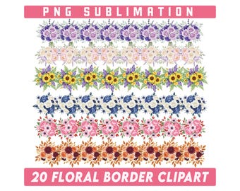 May include: A collection of 20 floral border clipart designs. The borders feature various flower arrangements in shades of purple, white, yellow, blue, pink, and orange. The text "PNG SUBLIMATION" and "20 FLORAL BORDER CLIPART" are displayed in pink.