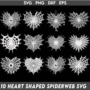 May include: A collection of ten heart-shaped spiderweb designs in white, set against a black background. The image includes the text "SVG PNG DXF EPS" at the top and "10 HEART SHAPED SPIDERWEB SVG" at the bottom.