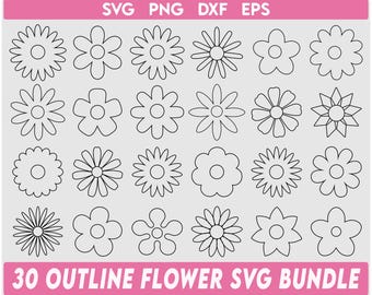 Paquete SVG de contorno de flor, dibujo de contorno de flor, flor de contorno negro, lindo paquete SVG de flores, icono de flor de jardinería svg, margarita svg