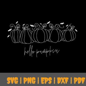 May include: A white outline design of a row of pumpkins with bats flying above them. The text "hello pumpkin" is written below the pumpkins.