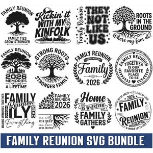May include: A collection of twelve black and white graphic designs featuring family reunion themes. The illustrations include trees, text, and various decorative elements like sneakers and rope borders. The bottom text reads FAMILY REUNION SVG BUNDLE.