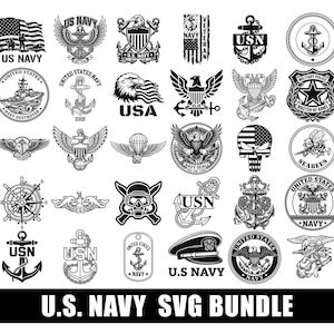 May include: A collection of thirty black and white graphic designs featuring U.S. Navy themes, including anchors, eagles, ships, skulls, and military emblems. The text U.S. NAVY SVG BUNDLE is displayed in a bold font at the bottom of the image.