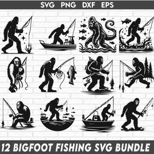 May include: A digital download bundle of 12 black and white SVG files featuring Bigfoot fishing in various poses. The designs include Bigfoot holding a fishing rod, reeling in a fish, sitting on a log, and fishing from a boat.  The text "12 Bigfoot Fishing SVG Bundle" is at the bottom of the image.