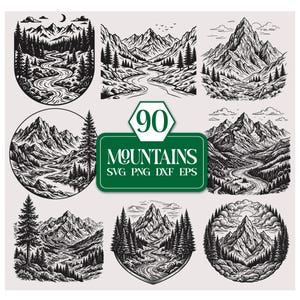 May include: A collection of nine black and white mountain landscape illustrations. The designs feature various mountain ranges, rivers, and trees. A green rectangular sign displays the number "90" and the word "MOUNTAINS" with file type abbreviations.