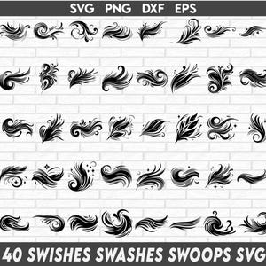May include: A set of 40 black and white vector graphics of swishes, swashes, and swoops. These decorative elements are perfect for adding a touch of whimsy and elegance to your designs.