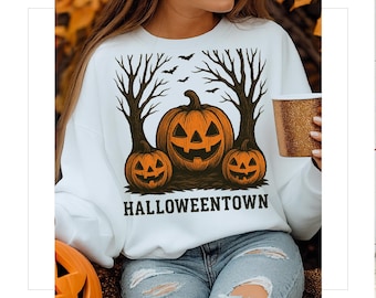 Halloweentown PNG, Halloween Town Clipart, Haunted Village Digital Download, Spooky Pumpkin Scene, Vintage Sublimation Design
