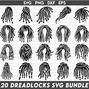 May include: A set of 20 black and white dreadlock SVG designs. The designs are in various styles, including long, short, and curly.