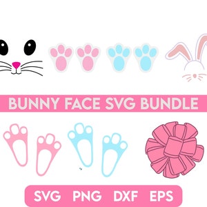 May include: A set of bunny face SVG files for crafting projects. The set includes a bunny face, bunny ears, bunny paws, and a bow. The files are available in SVG, PNG, DXF, and EPS formats.