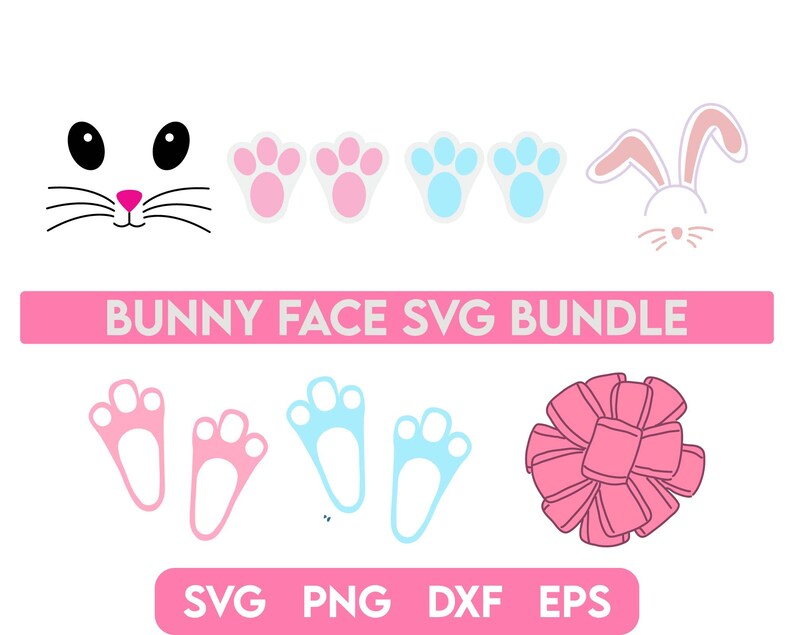May include: A set of bunny face SVG files for crafting projects. The set includes a bunny face, bunny ears, bunny paws, and a bow. The files are available in SVG, PNG, DXF, and EPS formats.