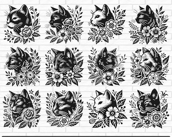 花柄猫 SVG バンドル、花柄猫 SVG、猫のクリップアート、Cricut 用猫カット ファイル、猫の顔 SVG、花柄猫 SVG、猫のベクター、猫のシルエット