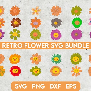 Retro Smiley Flowers Svg Bundle, Groovy Smiley Flower Svg, Retro Flower SVG, Hippie svg, Happy Face svg, Boho clipart, Cricut, sublimation