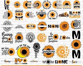 Peut inclure: Un ensemble de 40 designs SVG de tournesol avec différentes phrases et images, notamment "Soyez votre propre soleil", "Fleurissez là où vous êtes planté" et "Amour".
