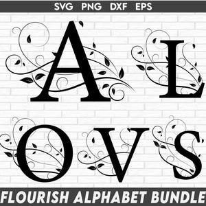 Könnte beinhalten: Ein Schwarzweißbild eines Alphabet-Bundles mit Schnörkeln. Die Buchstaben A, I, O, V und S sind mit dekorativen Schnörkeln und Blättern dargestellt.