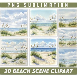 Beach Scene Clipart Bundle, Clipart Scenes, Seascapes Ocean Views Row Boat Sea Gulls, Ocean Clipart, Watercolor Clipart, Digital