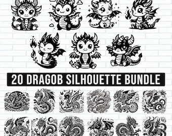 May include: A set of 20 black and white silhouette SVG cut files featuring cute cartoon dragons. The designs include dragons with wings, horns, and tails. The text "20 Dragob Silhouette Bundle" is at the bottom of the image.