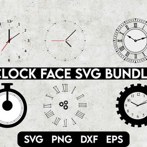 May include: A set of 6 clock face SVG files for crafting projects. The designs include a simple clock face, a clock face with Roman numerals, a clock face with gears, a stopwatch, and two clock faces with numbers.